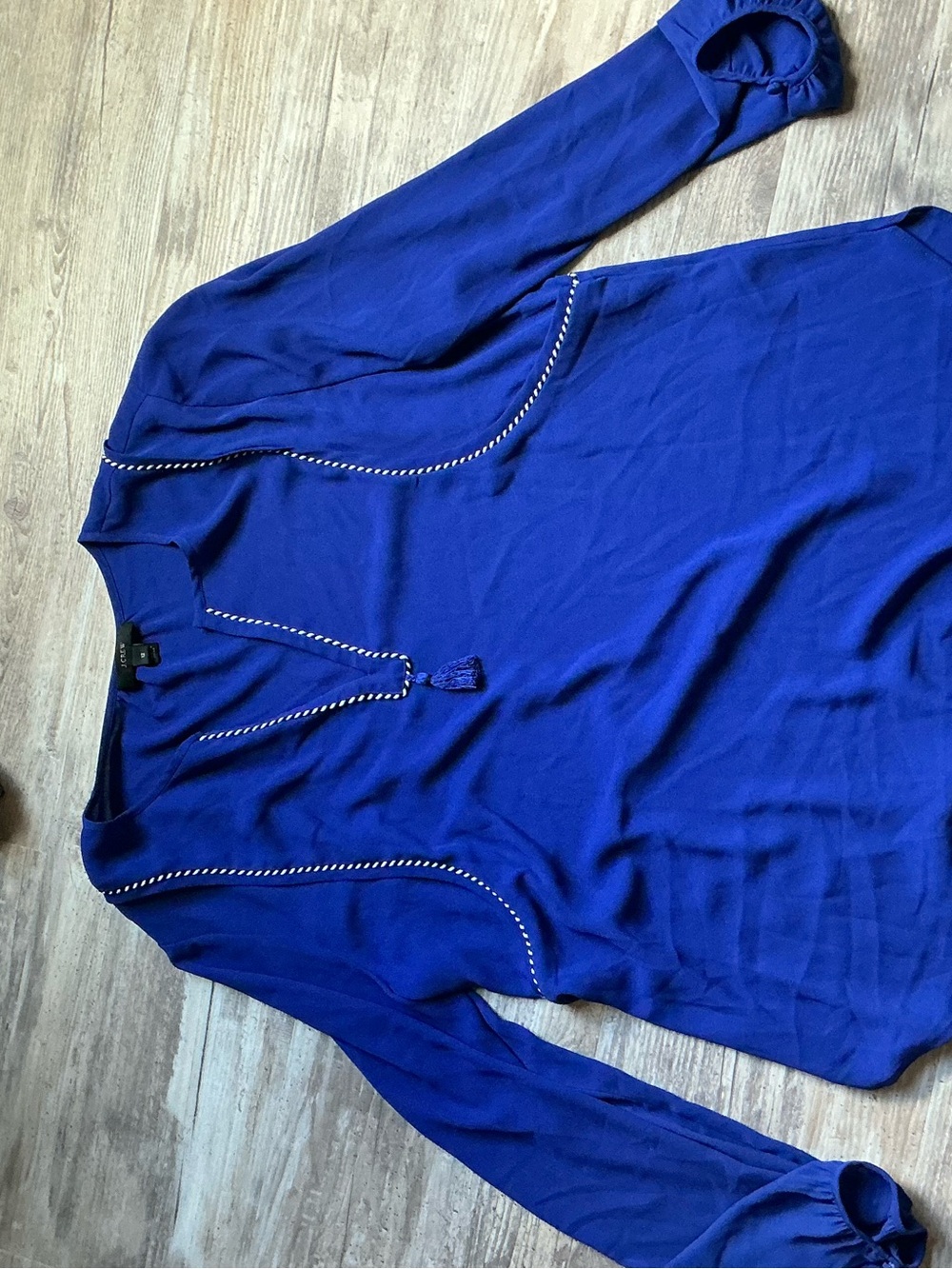 J. Crew Cobalt Blue V-Neck Tassel Peasant Blouse - Picture 2 of 7